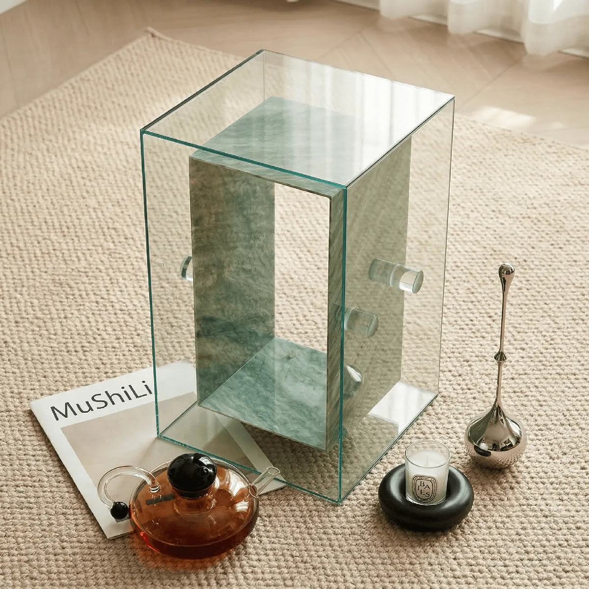Acrylic Side Table with Marble Inset, Rolling Display Storage Accent