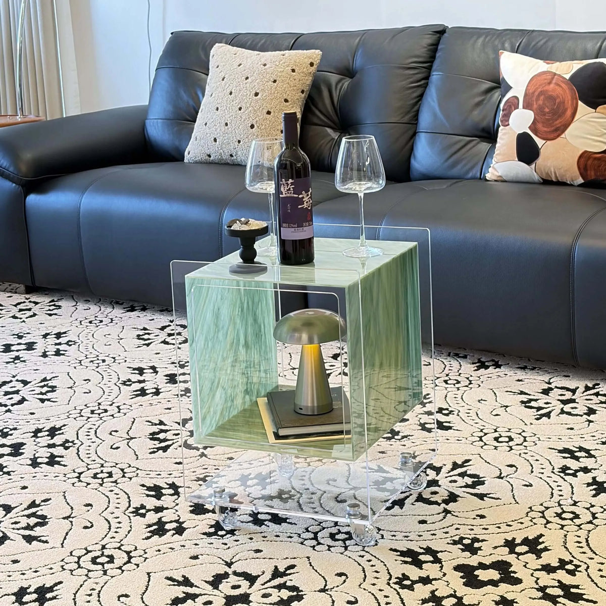 Acrylic Side Table with Marble Inset, Rolling Display Storage Accent