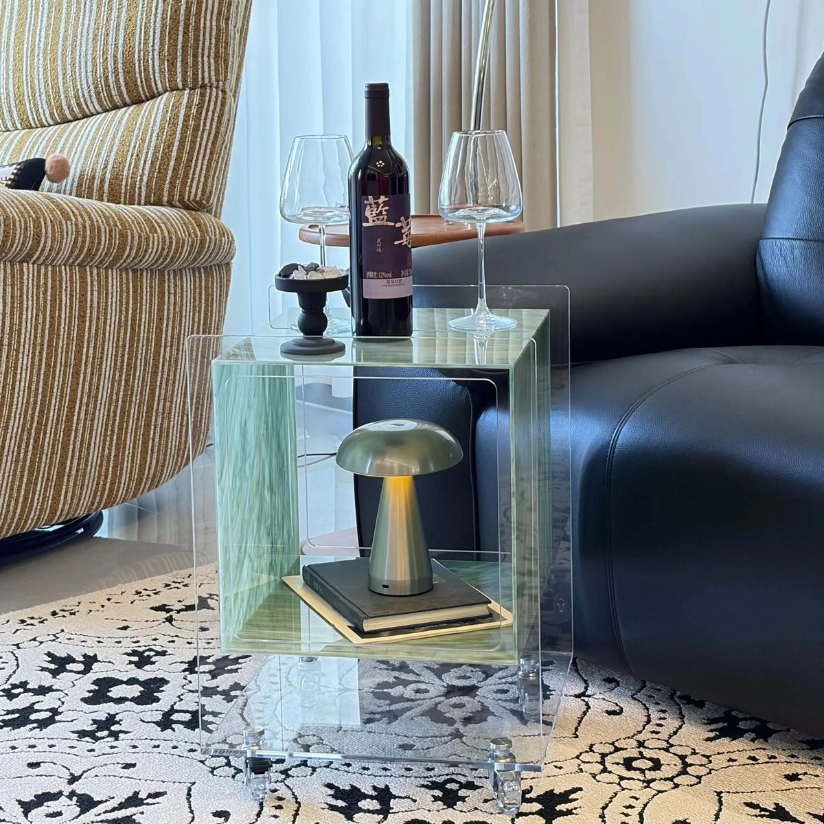 Acrylic Side Table with Marble Inset, Rolling Display Storage Accent