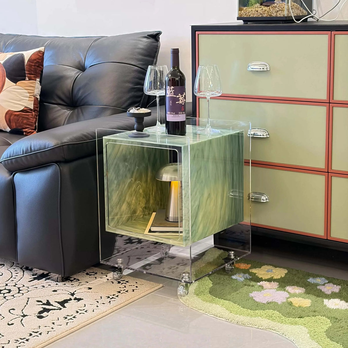Acrylic Side Table with Marble Inset, Rolling Display Storage Accent