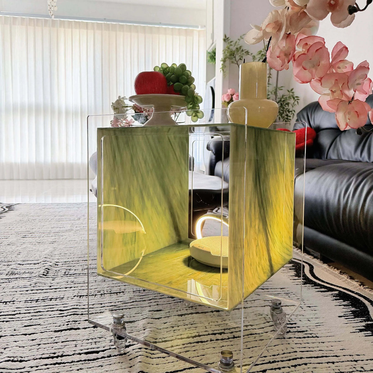 Acrylic Side Table with Marble Inset, Rolling Display Storage Accent