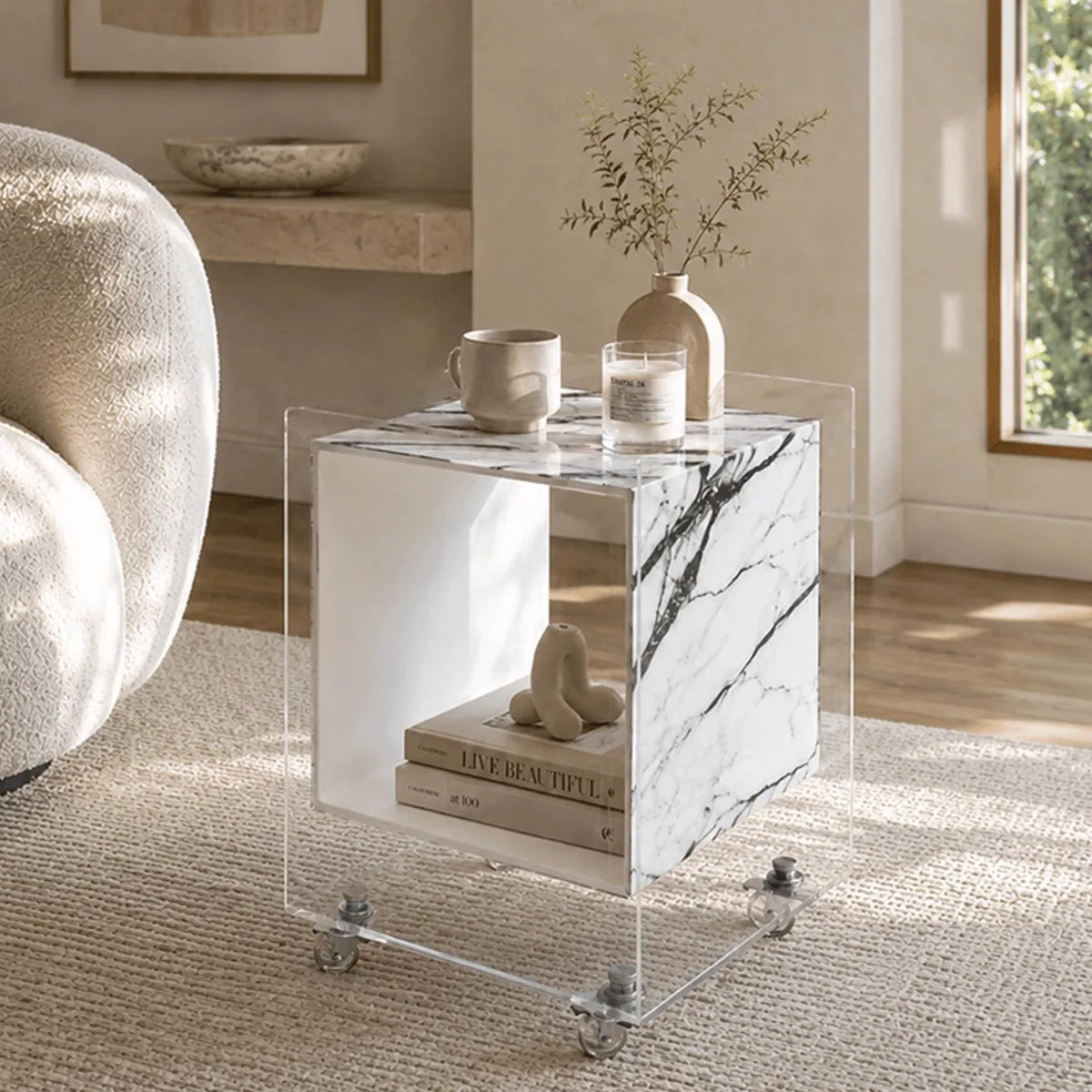 Acrylic Side Table with Marble Inset, Rolling Display Storage Accent