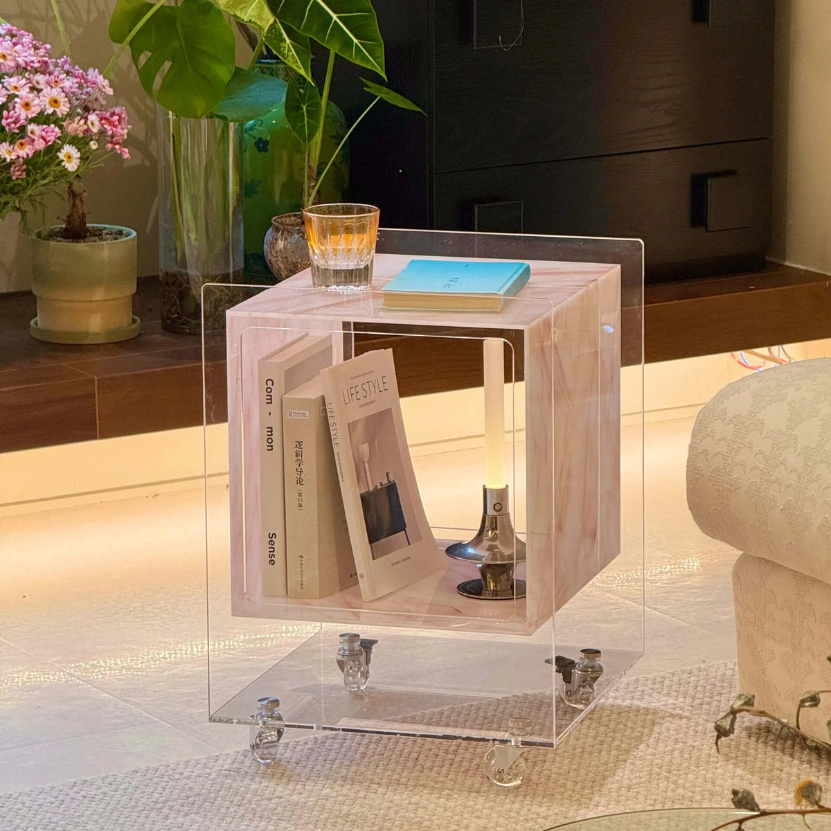 Acrylic Side Table with Marble Inset, Rolling Display Storage Accent