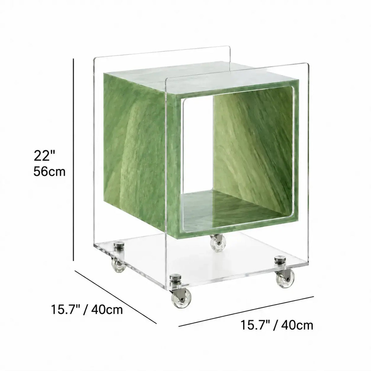 Acrylic Side Table with Marble Inset, Rolling Display Storage Accent Dimensions