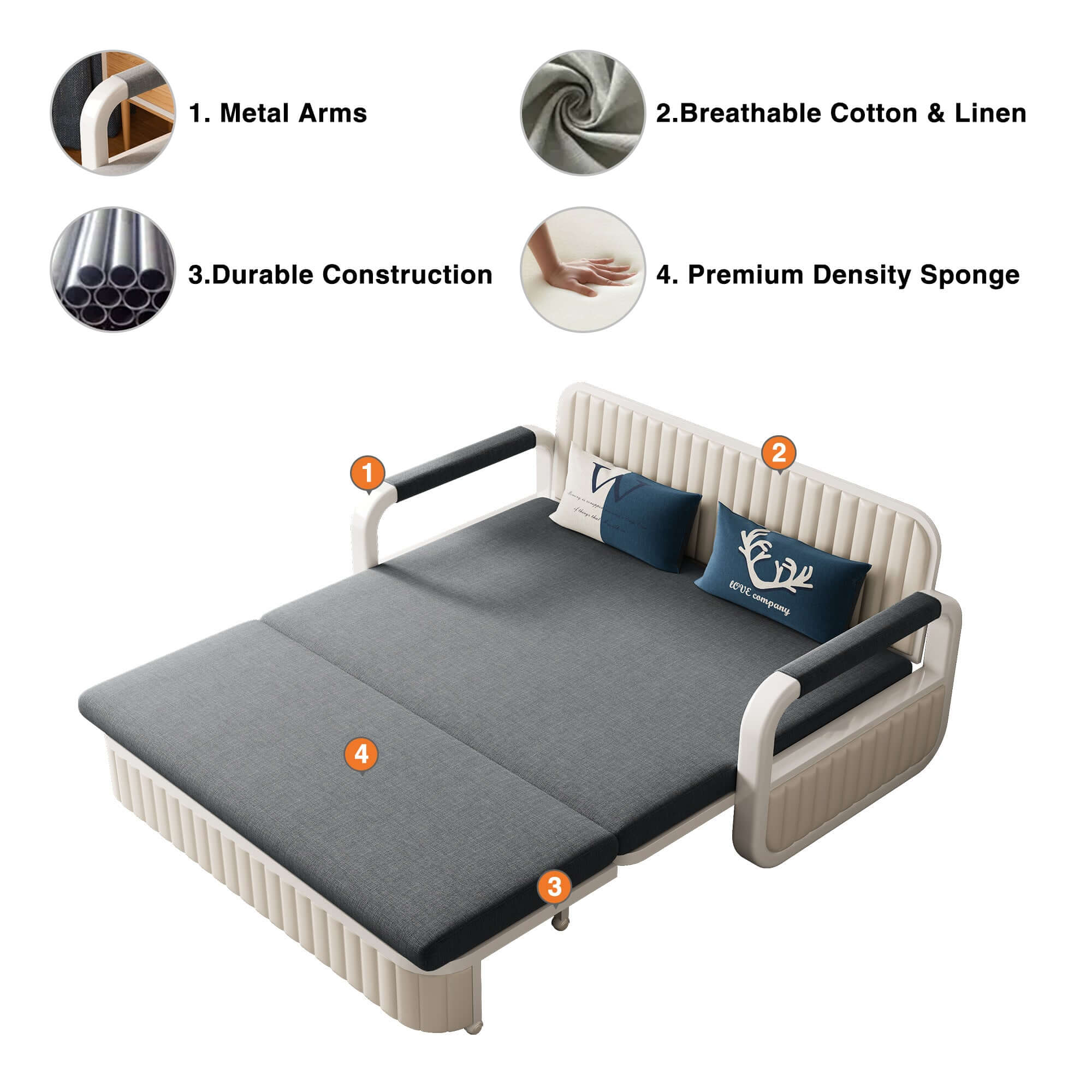 Two-seater sofa bed with cotton linen upholstery, storage compartment, and square arm design