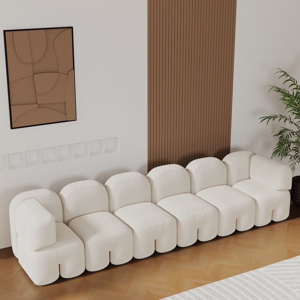 Modern white upholstered velvet floor couch, 4-seater sofa for living room seating