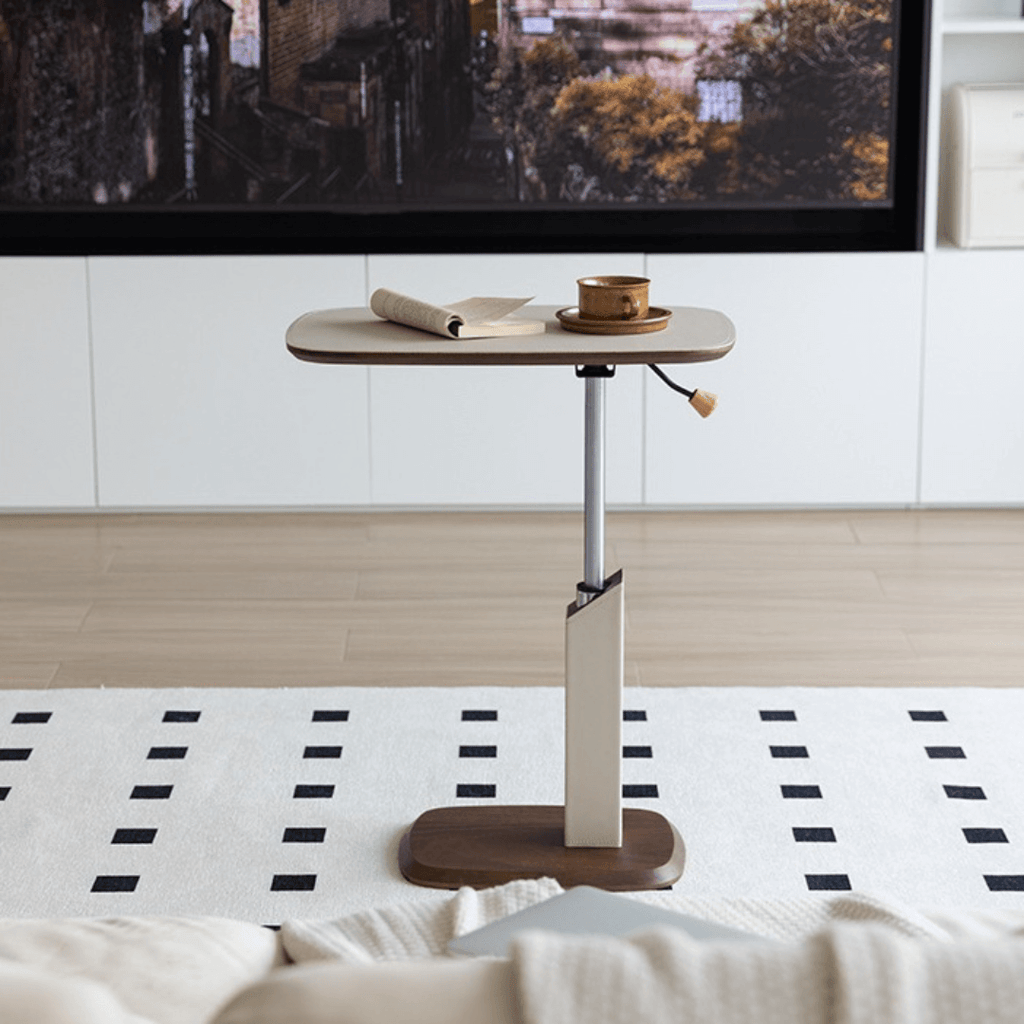 Movable end table in classic beige saddle leather, perfect for cozy living spaces