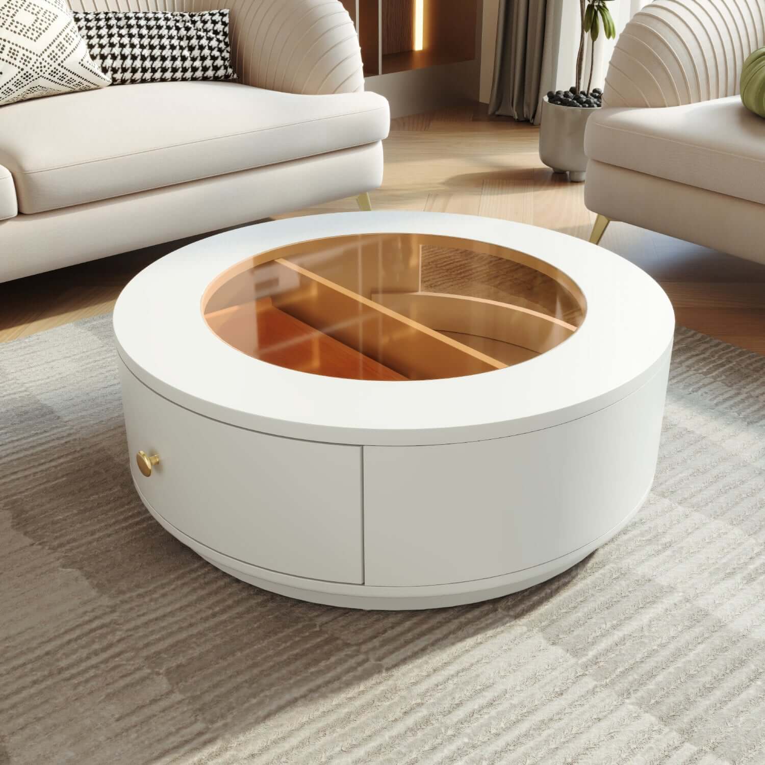 Round coffee table with luxury glass top and built-in drawers for stylish storage