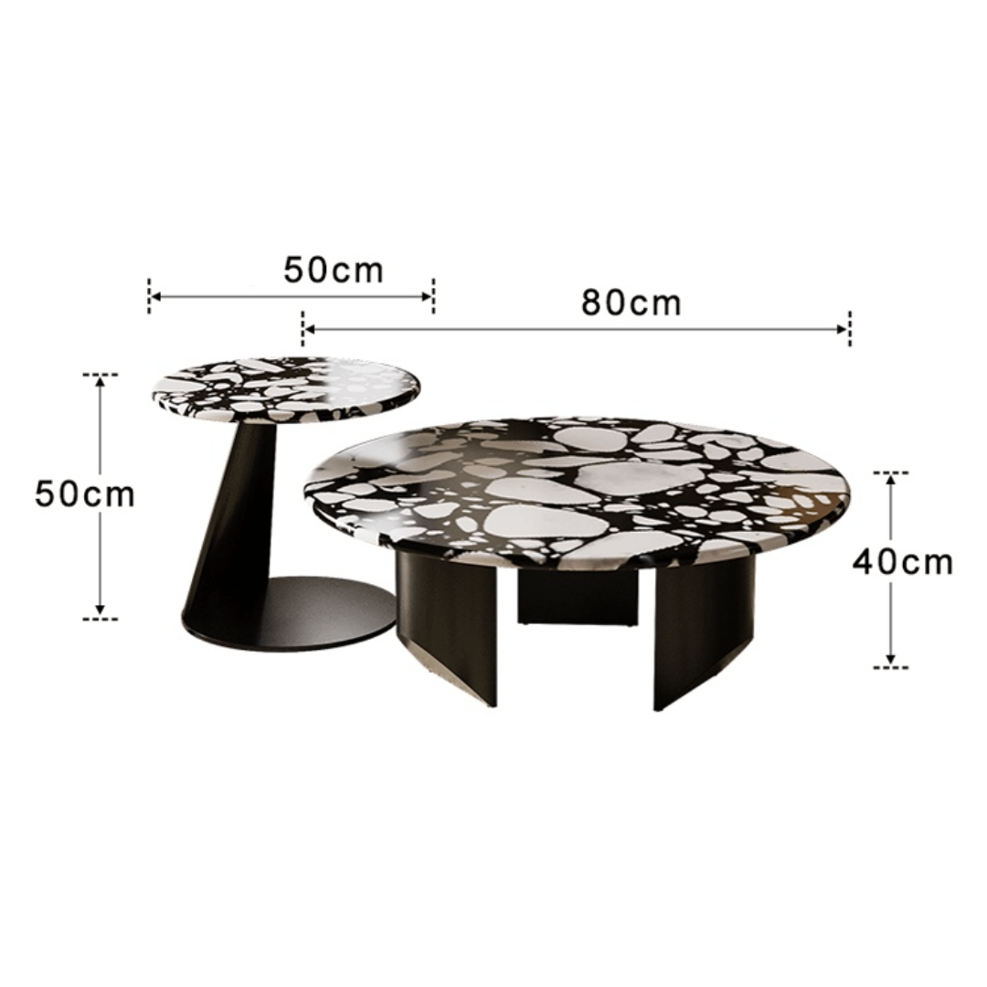 Round terrazzo coffee table set with black and white pattern, perfect for modern living rooms