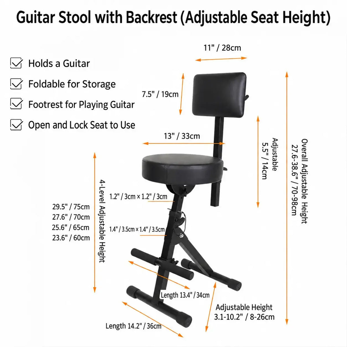 Adjustable Black Guitar Chair with Backrest, Hook and Footrest Stand