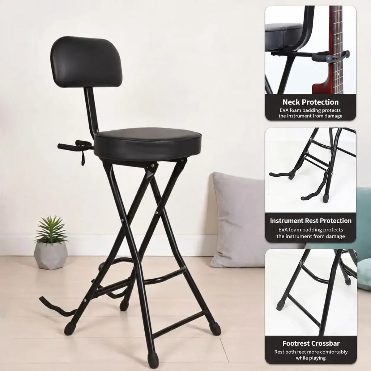 Adjustable Black Guitar Chair with Backrest, Hook and Footrest Stand