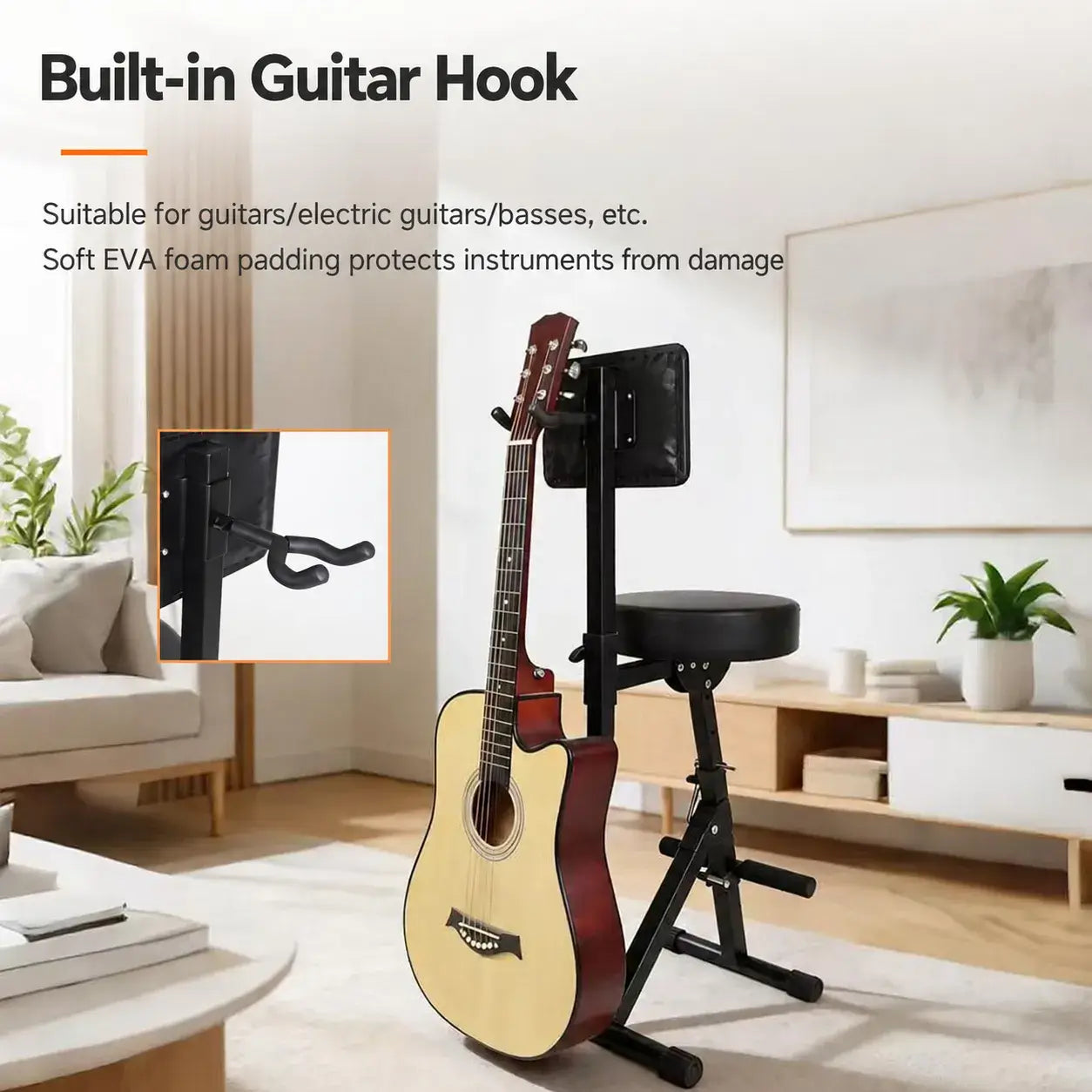 Adjustable Black Guitar Chair with Backrest, Hook and Footrest Stand Image secondaire du produit