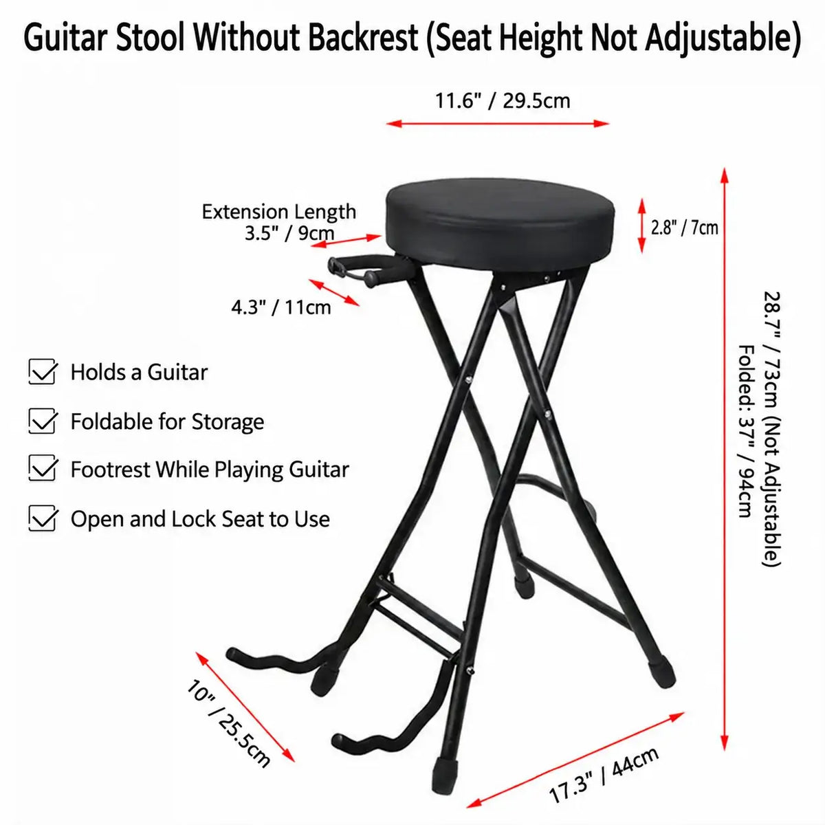 Adjustable Black Guitar Chair with Backrest, Hook and Footrest Stand