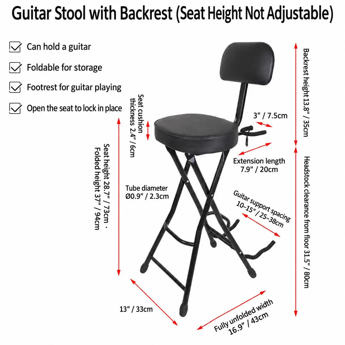 Adjustable Black Guitar Chair with Backrest, Hook and Footrest Stand