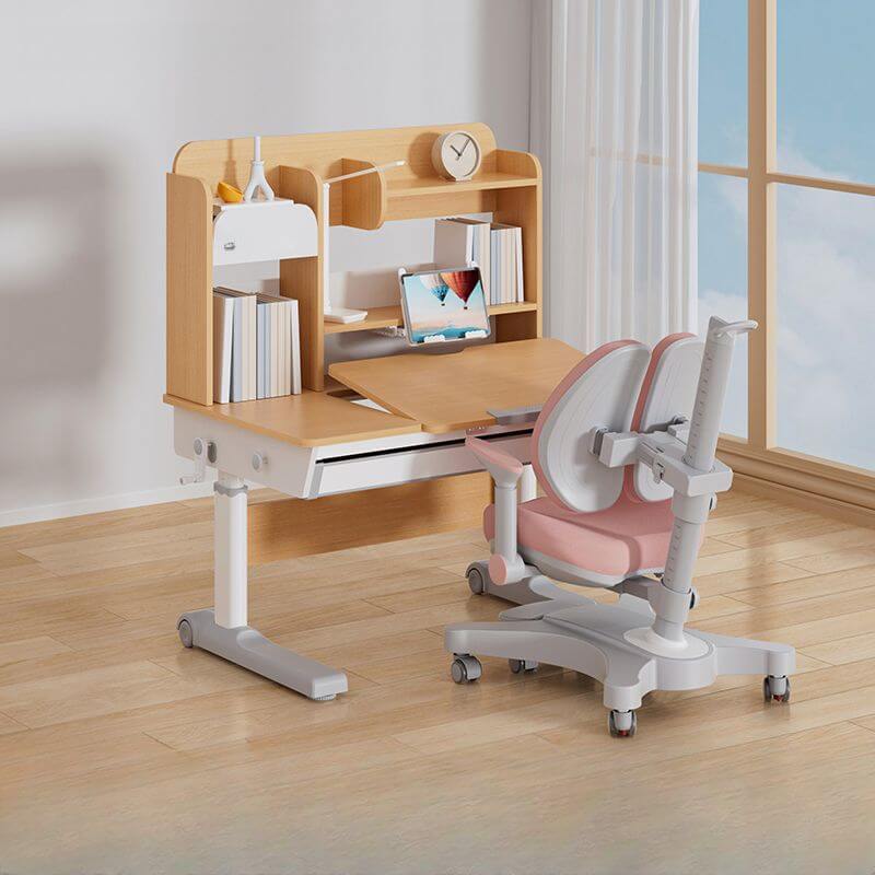 Adjustable Blue and Pink Kids Desk and Chair Set with Natural Wood Finish
