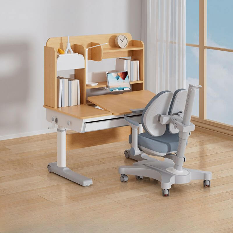 Adjustable Blue and Pink Kids Desk and Chair Set with Natural Wood Finish Main Product Image