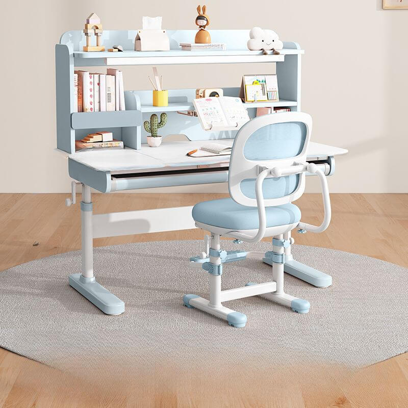 Adjustable Blue Wood Desk with Shelves for Kids Learning Spaces