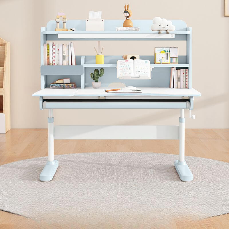 Adjustable Blue Wood Desk with Shelves for Kids Learning Spaces