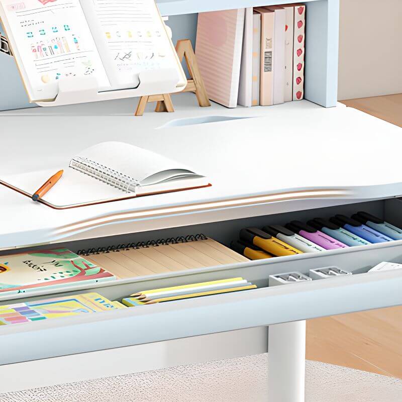 Adjustable Blue Wood Desk with Shelves for Kids Learning Spaces