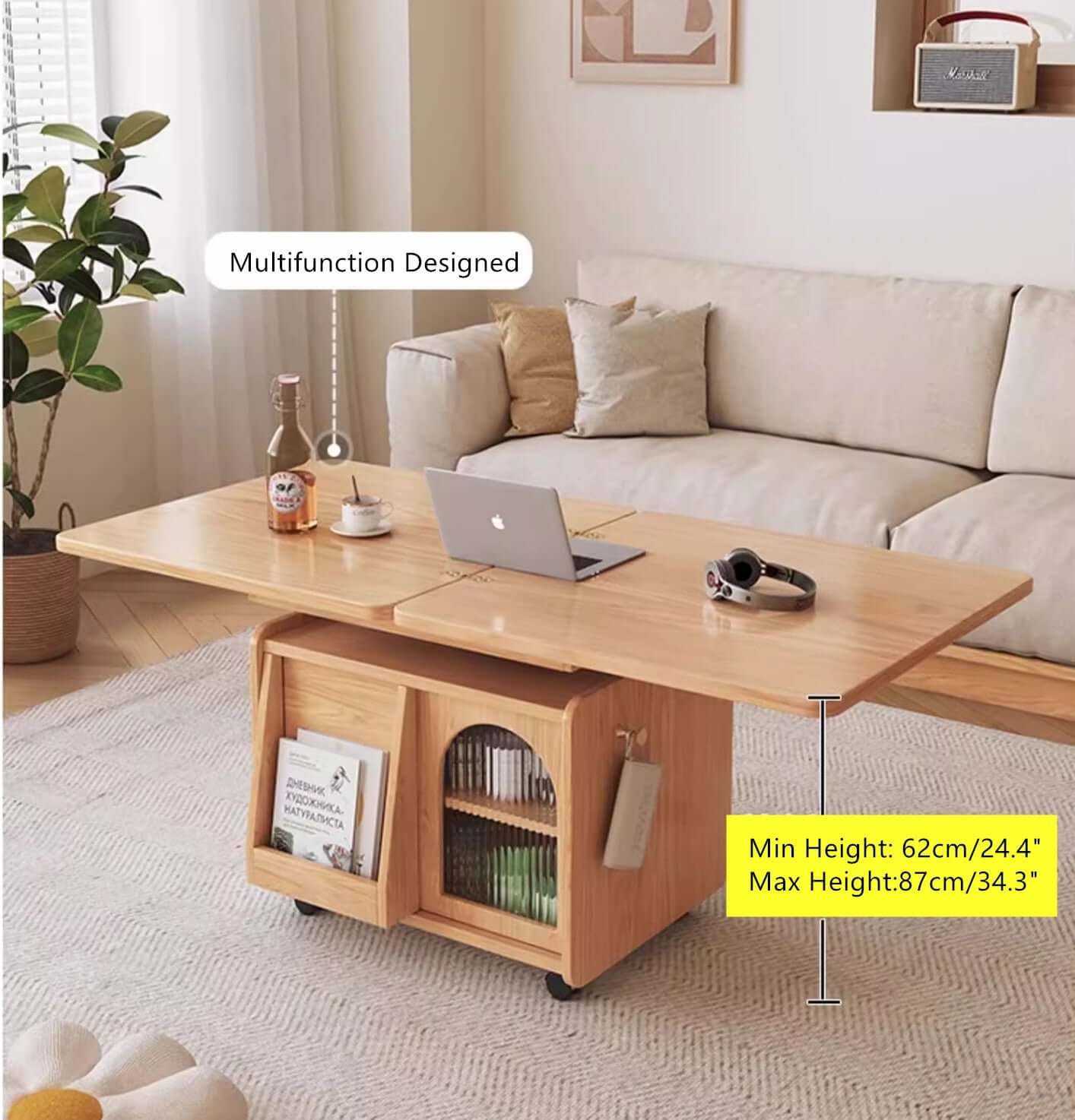 Adjustable Height Coffee Table With Storage, Natural