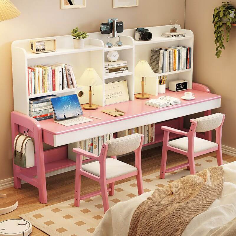 Adjustable Ivory Rubberwood Kids Desk with Open Shelves and Hutch