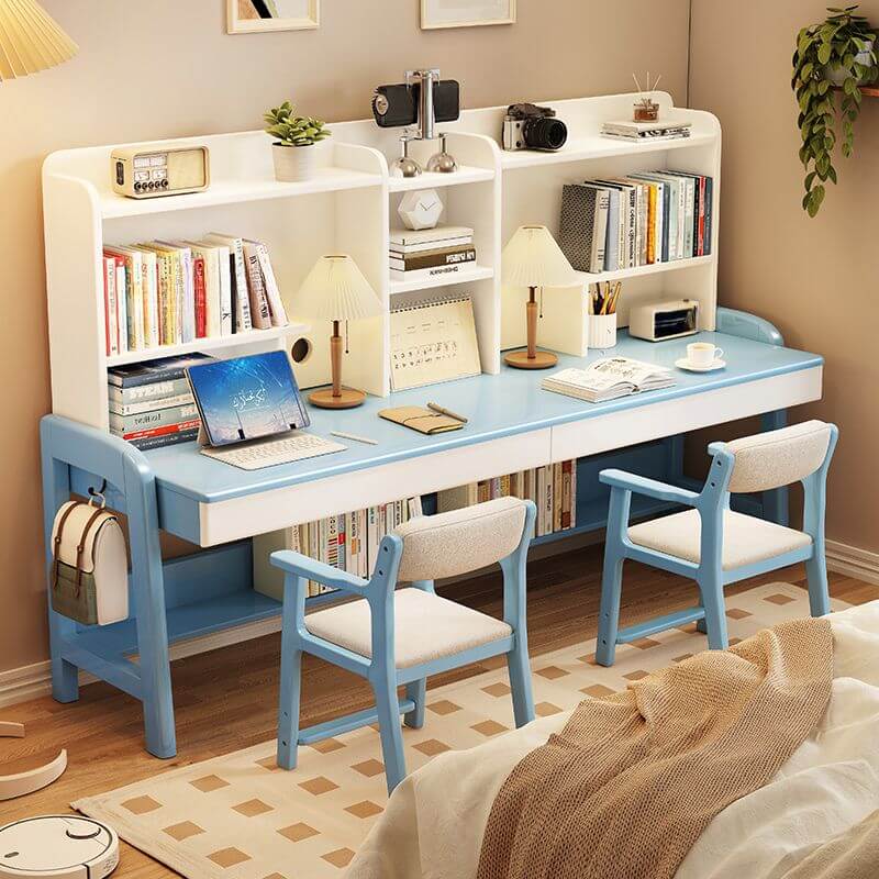 Adjustable Ivory Rubberwood Kids Desk with Open Shelves and Hutch