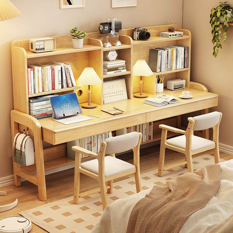 Adjustable Ivory Rubberwood Kids Desk with Open Shelves and Hutch