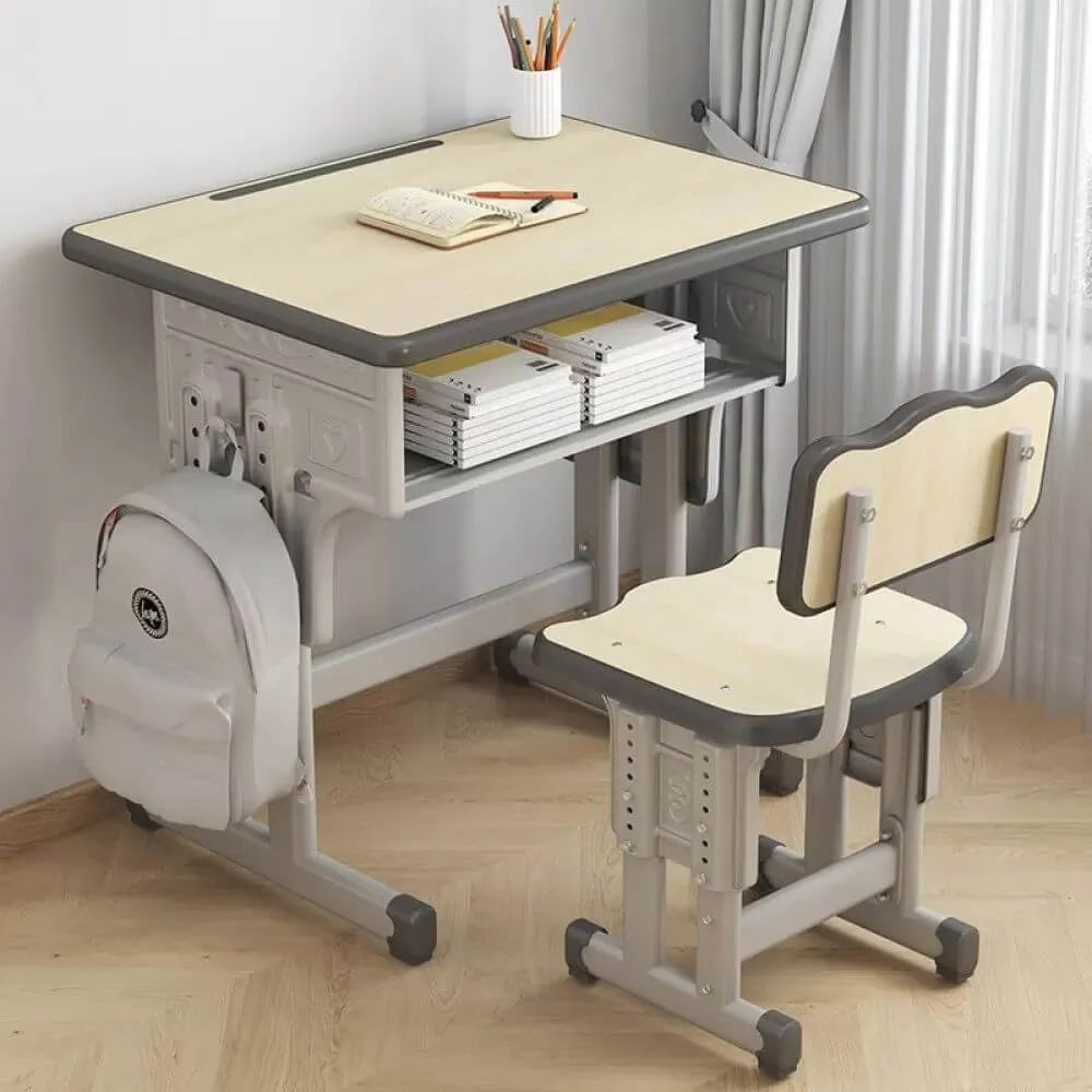 Adjustable Kids Desk and Chair Set with Storage Shelf – Wood Top & Steel Base