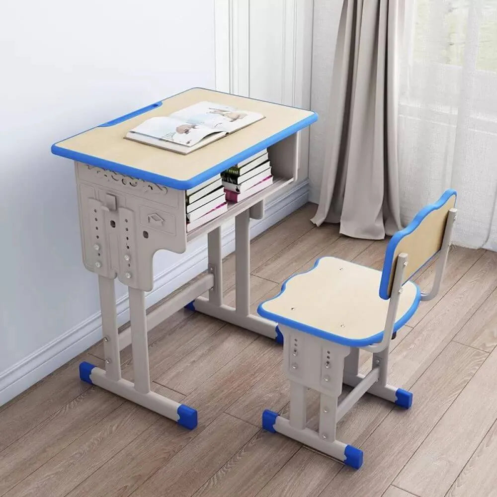 Adjustable Kids Desk and Chair Set with Storage Shelf – Wood Top & Steel Base