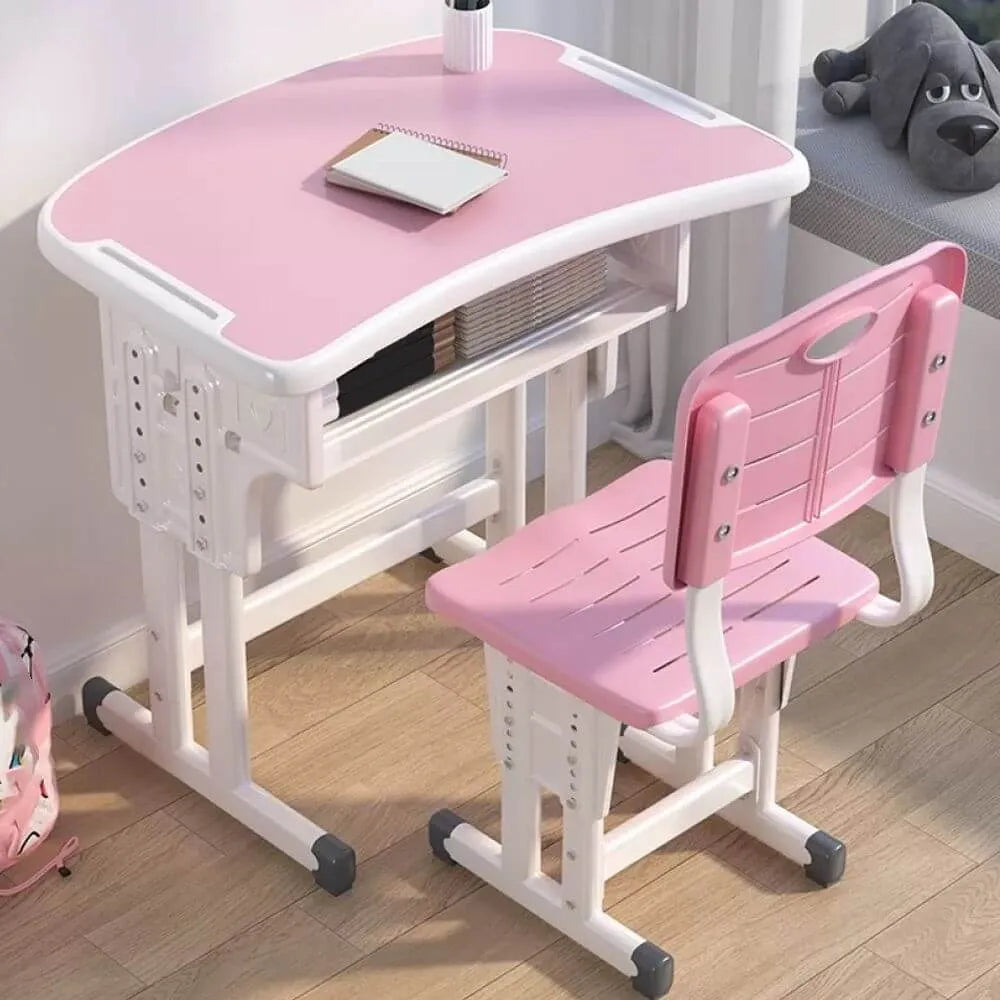 Adjustable Kids Desk and Chair Set with Storage Shelf – Wood Top & Steel Base