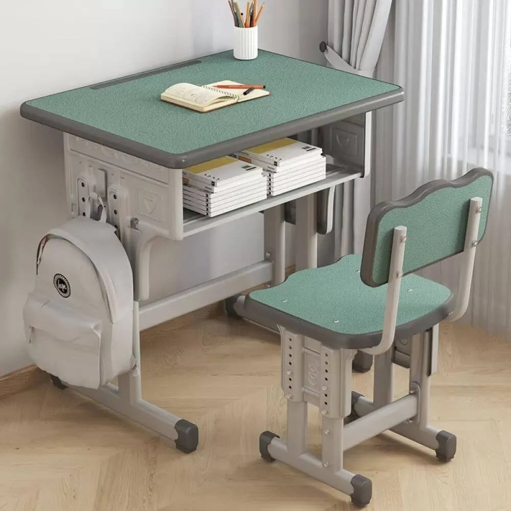 Adjustable Kids Desk and Chair Set with Storage Shelf – Wood Top & Steel Base