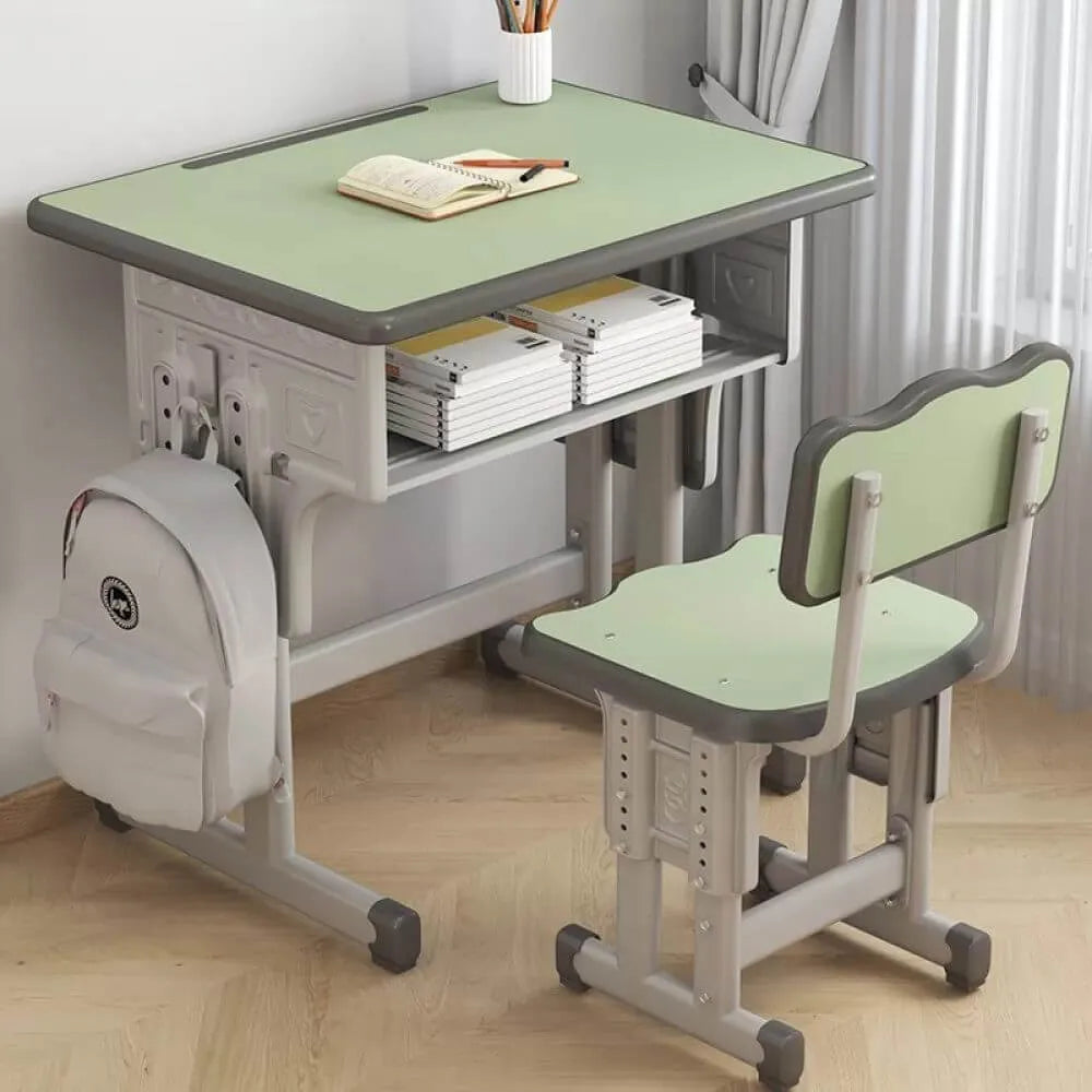 Adjustable Kids Desk and Chair Set with Storage Shelf – Wood Top & Steel Base