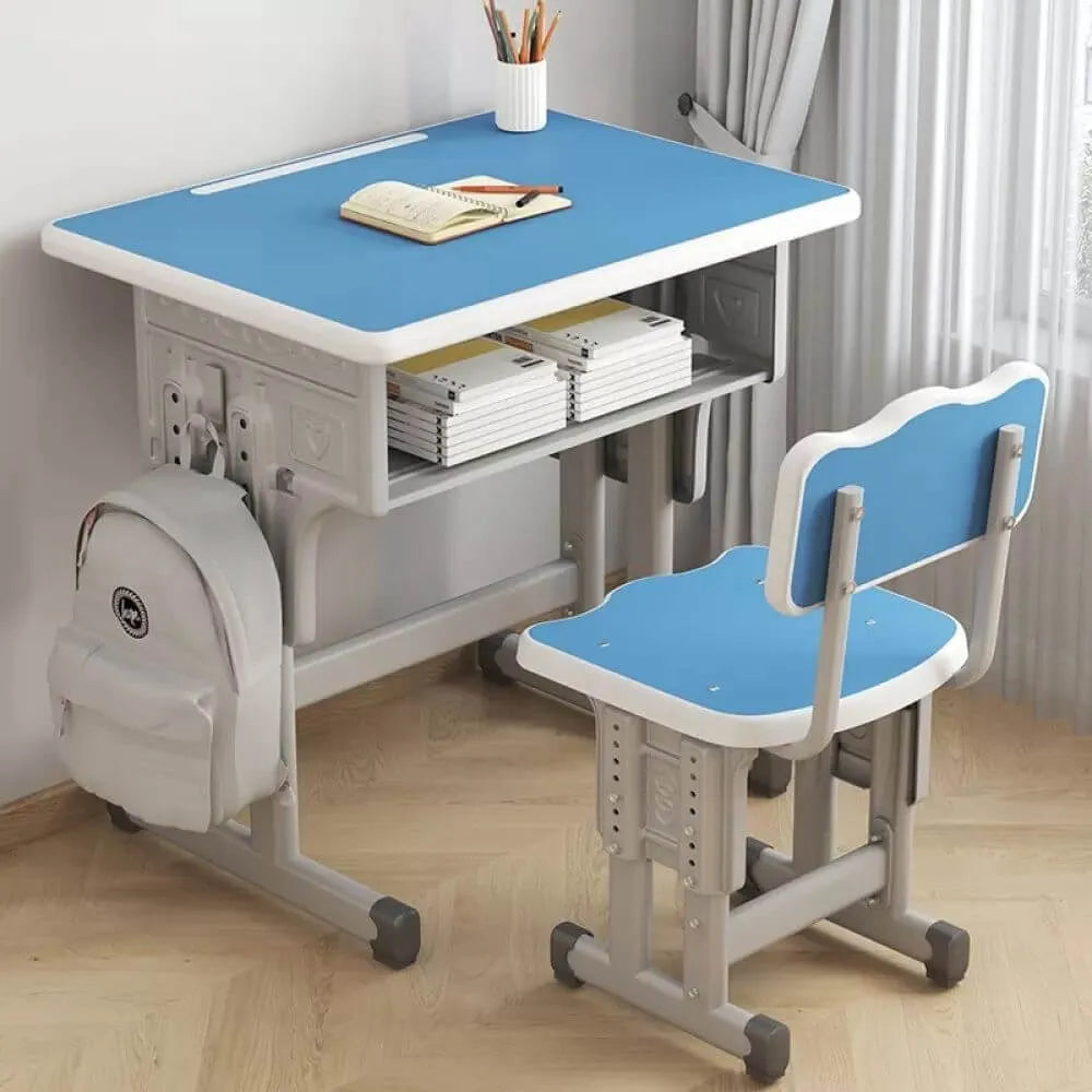 Adjustable Kids Desk and Chair Set with Storage Shelf – Wood Top & Steel Base