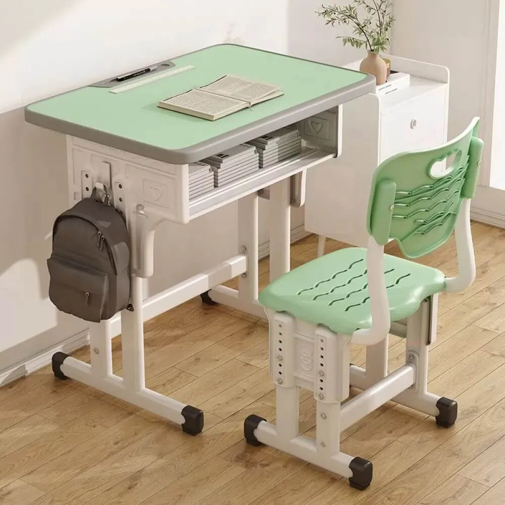 Adjustable Kids Desk and Chair Set with Storage Shelf – Wood Top & Steel Base