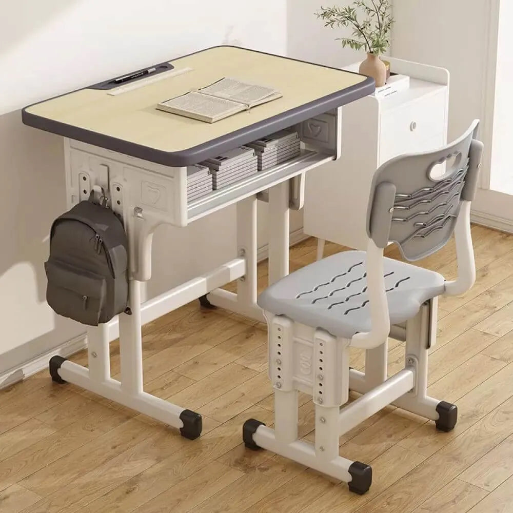 Adjustable Kids Desk and Chair Set with Storage Shelf – Wood Top & Steel Base