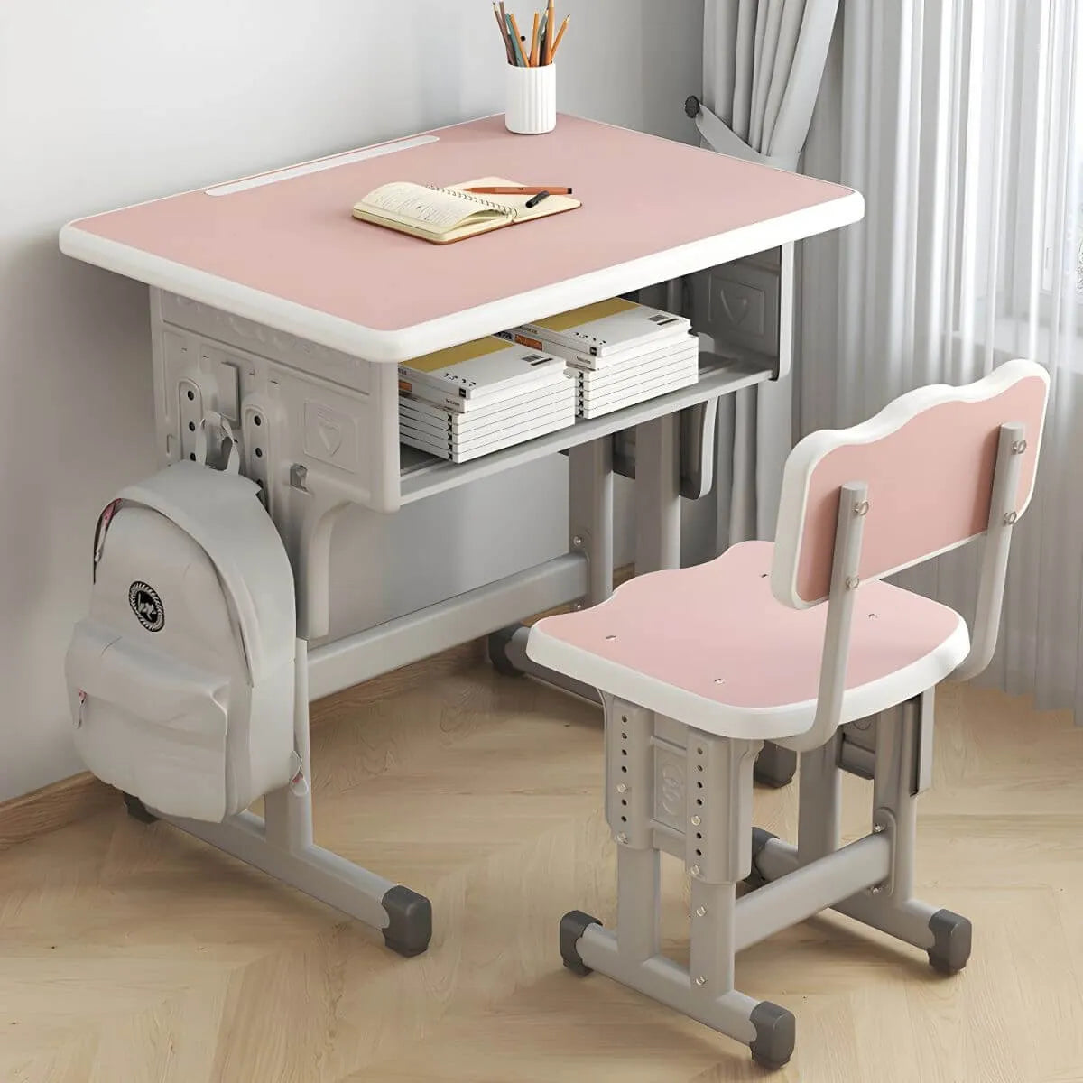 Adjustable Kids Desk and Chair Set with Storage Shelf – Wood Top & Steel Base
