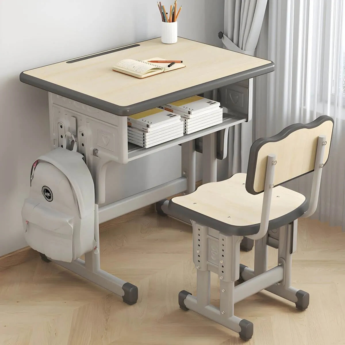 Adjustable Kids Desk and Chair Set with Storage Shelf – Wood Top & Steel Base