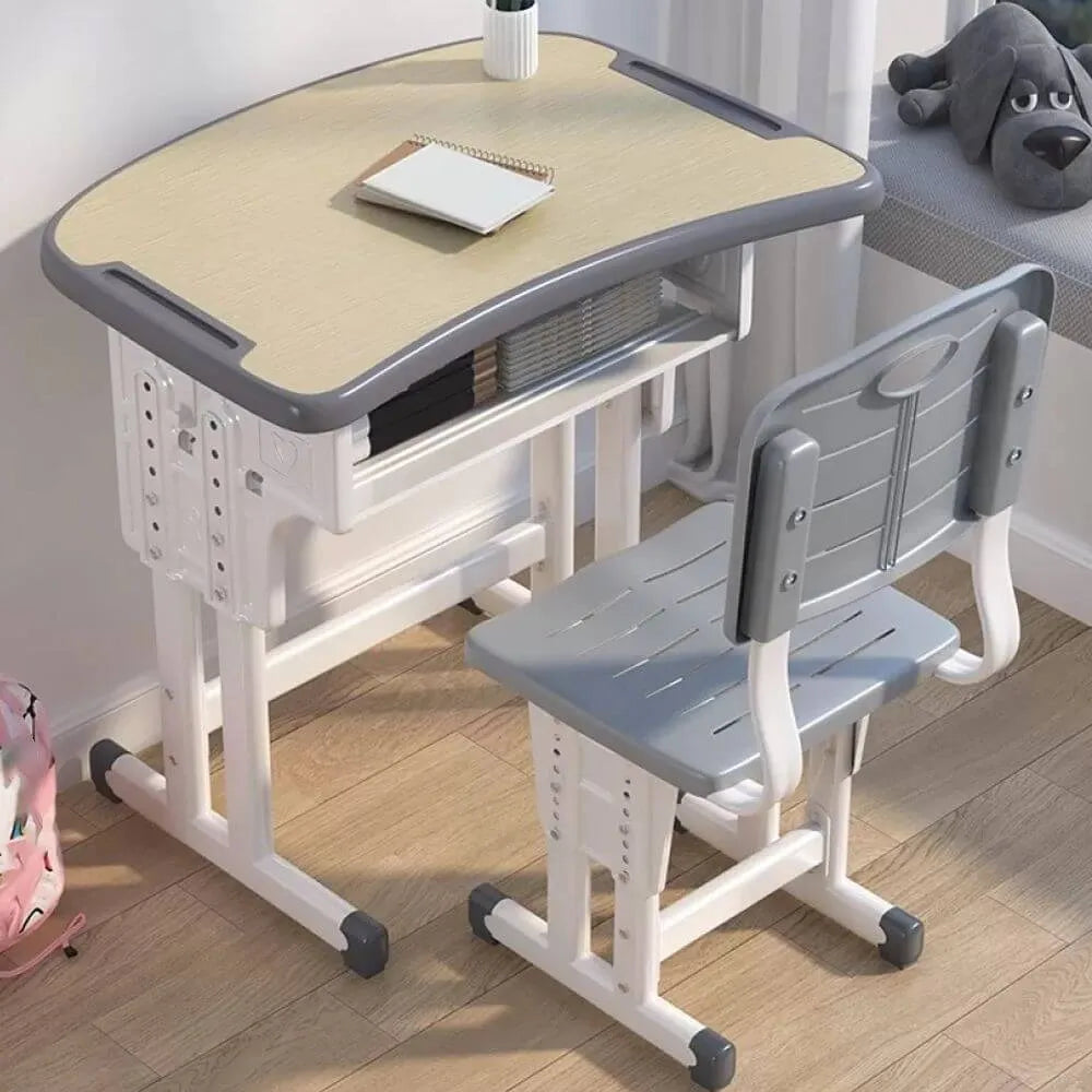 Adjustable Kids Desk and Chair Set with Storage Shelf – Wood Top & Steel Base