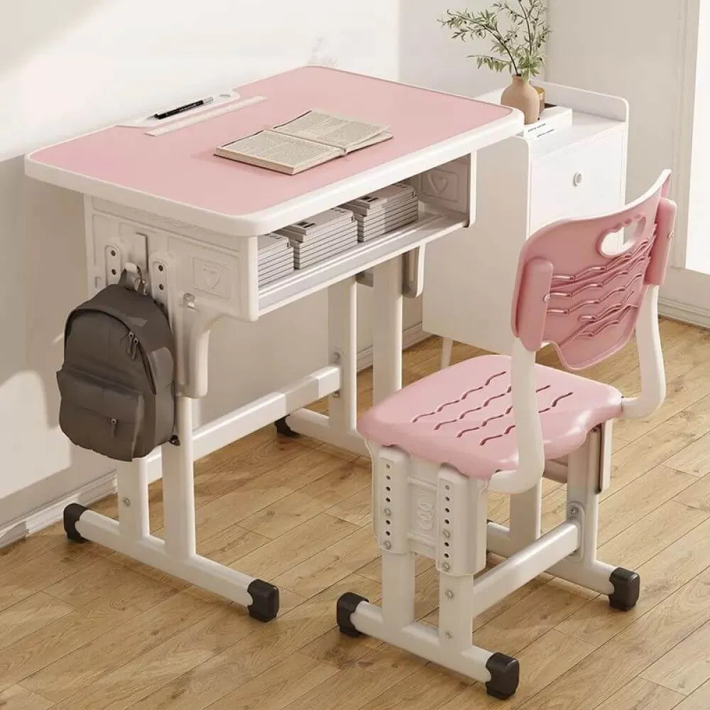 Adjustable Kids Desk and Chair Set with Storage Shelf – Wood Top & Steel Base