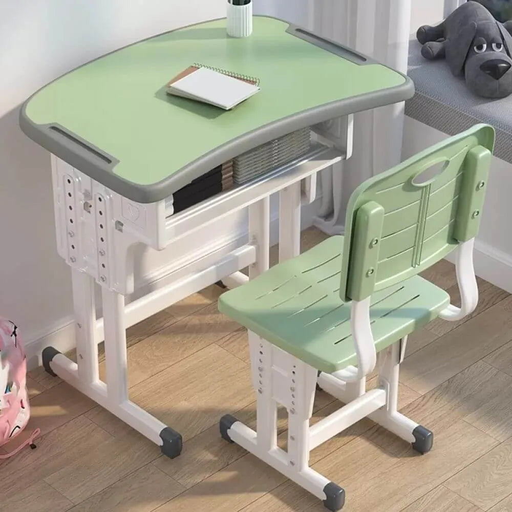 Adjustable Kids Desk and Chair Set with Storage Shelf – Wood Top & Steel Base