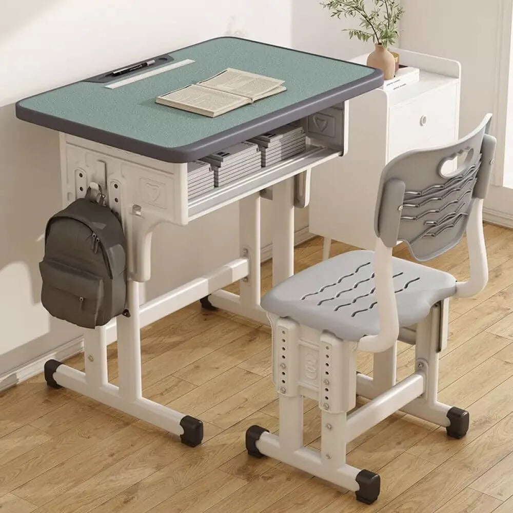 Adjustable Kids Desk and Chair Set with Storage Shelf – Wood Top & Steel Base