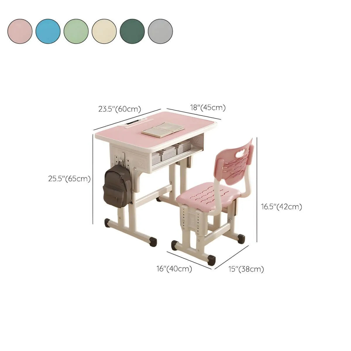 Adjustable Kids Desk and Chair Set with Storage Shelf – Wood Top & Steel Base Dimensions