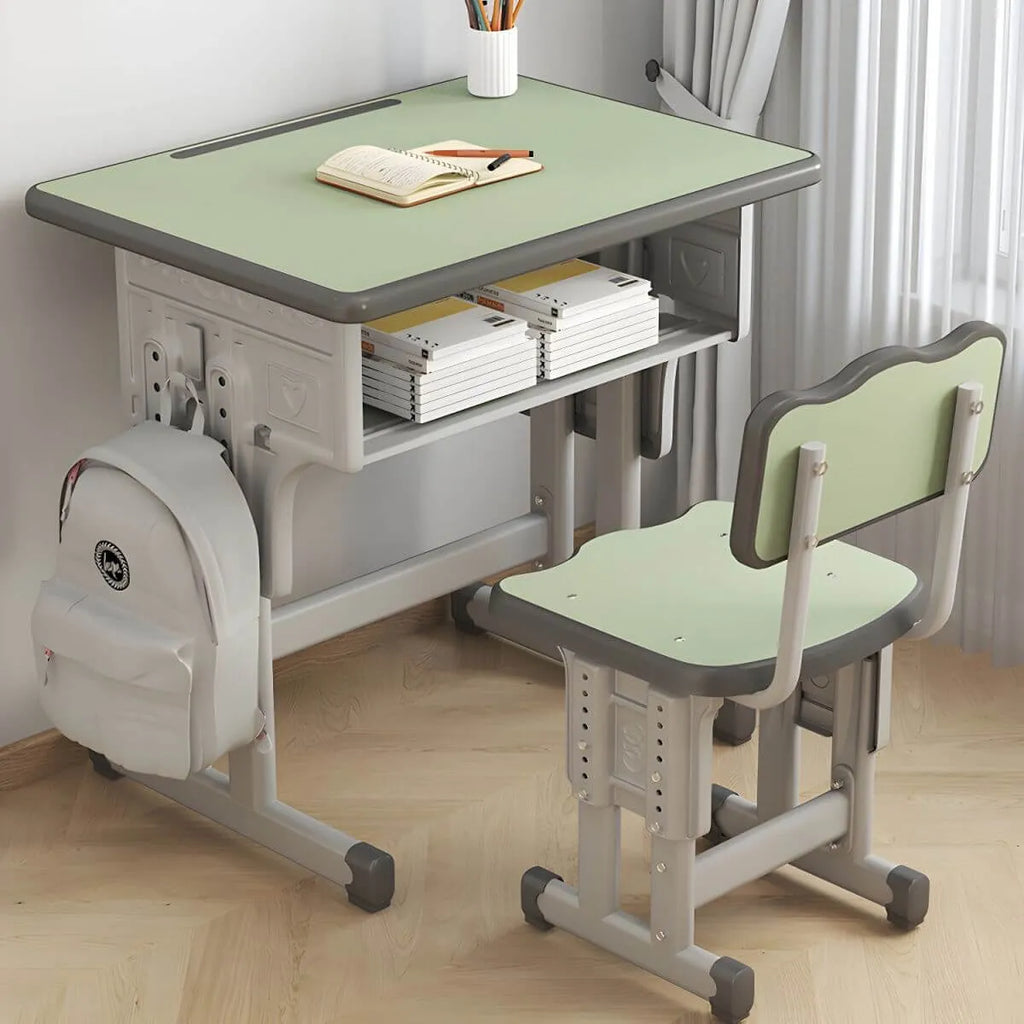 Adjustable Kids Desk and Chair Set with Storage Shelf – Wood Top & Steel Base Main Product Image