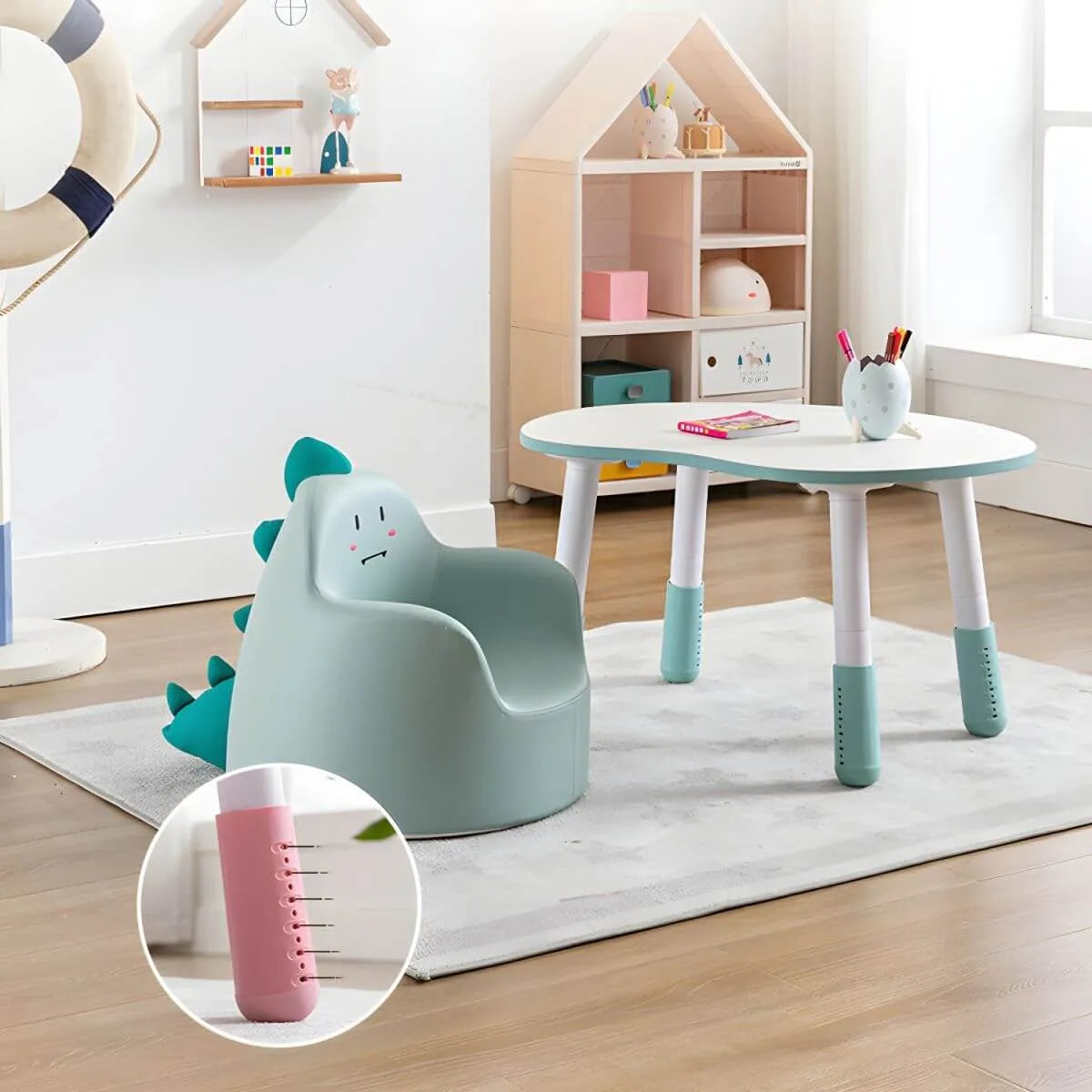 Adjustable Kids Desk & Animal-Themed Chair Set in Matte White Wood