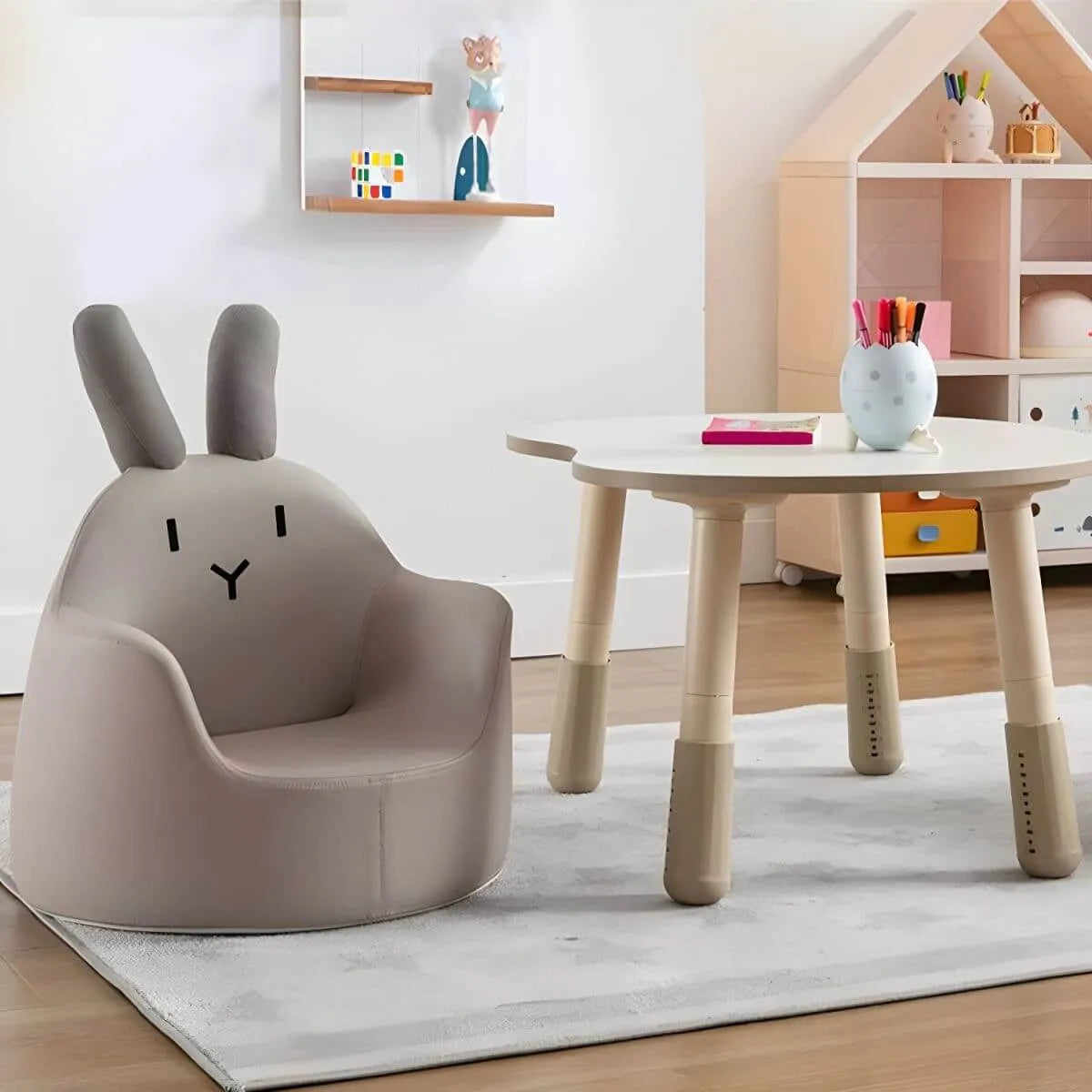 Adjustable Kids Desk & Animal-Themed Chair Set in Matte White Wood サブ画像