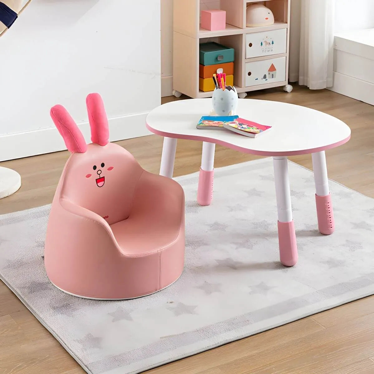 Adjustable Kids Desk & Animal-Themed Chair Set in Matte White Wood