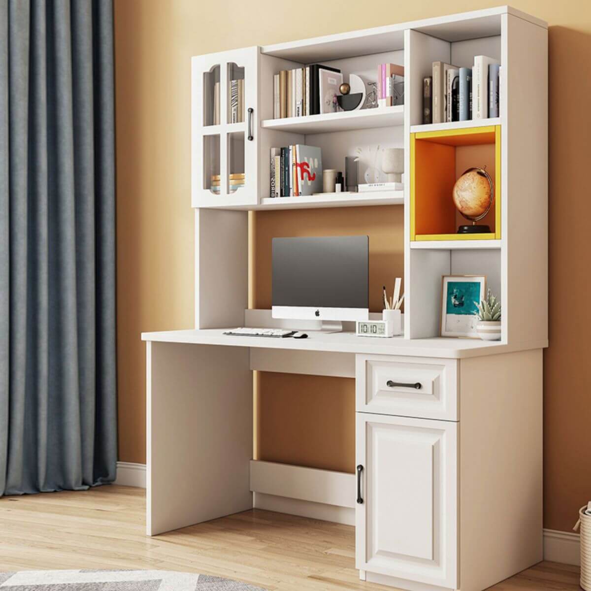 Adjustable Kids Desk with Hutch and Storage in White, Blue, Grey, Pink, Wood