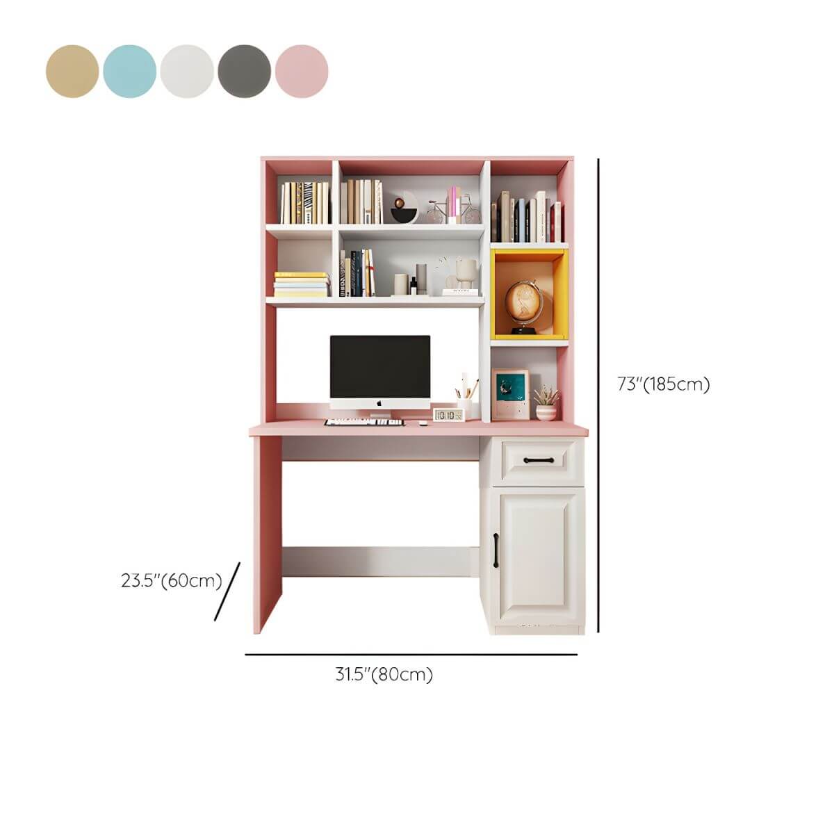 Adjustable Kids Desk with Hutch and Storage in White, Blue, Grey, Pink, Wood Dimensions