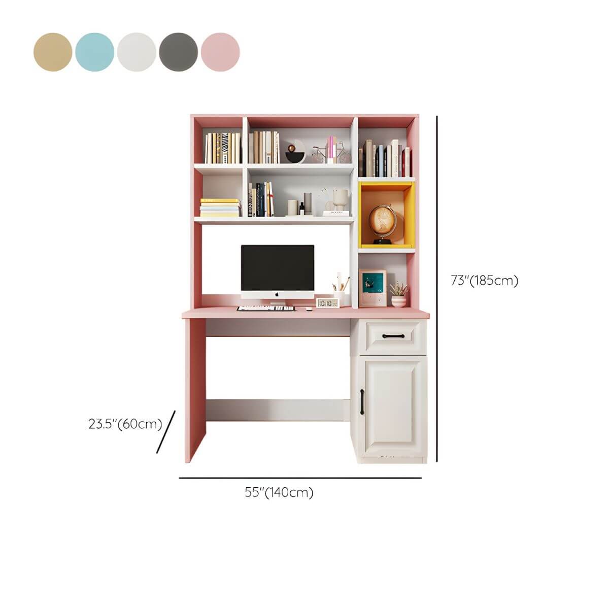 Adjustable Kids Desk with Hutch and Storage in White, Blue, Grey, Pink, Wood Dimensions