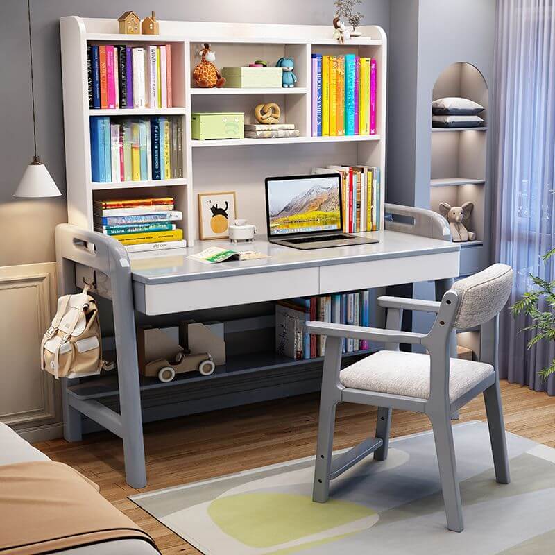 Adjustable Kids Desk with Storage and Shelves - White